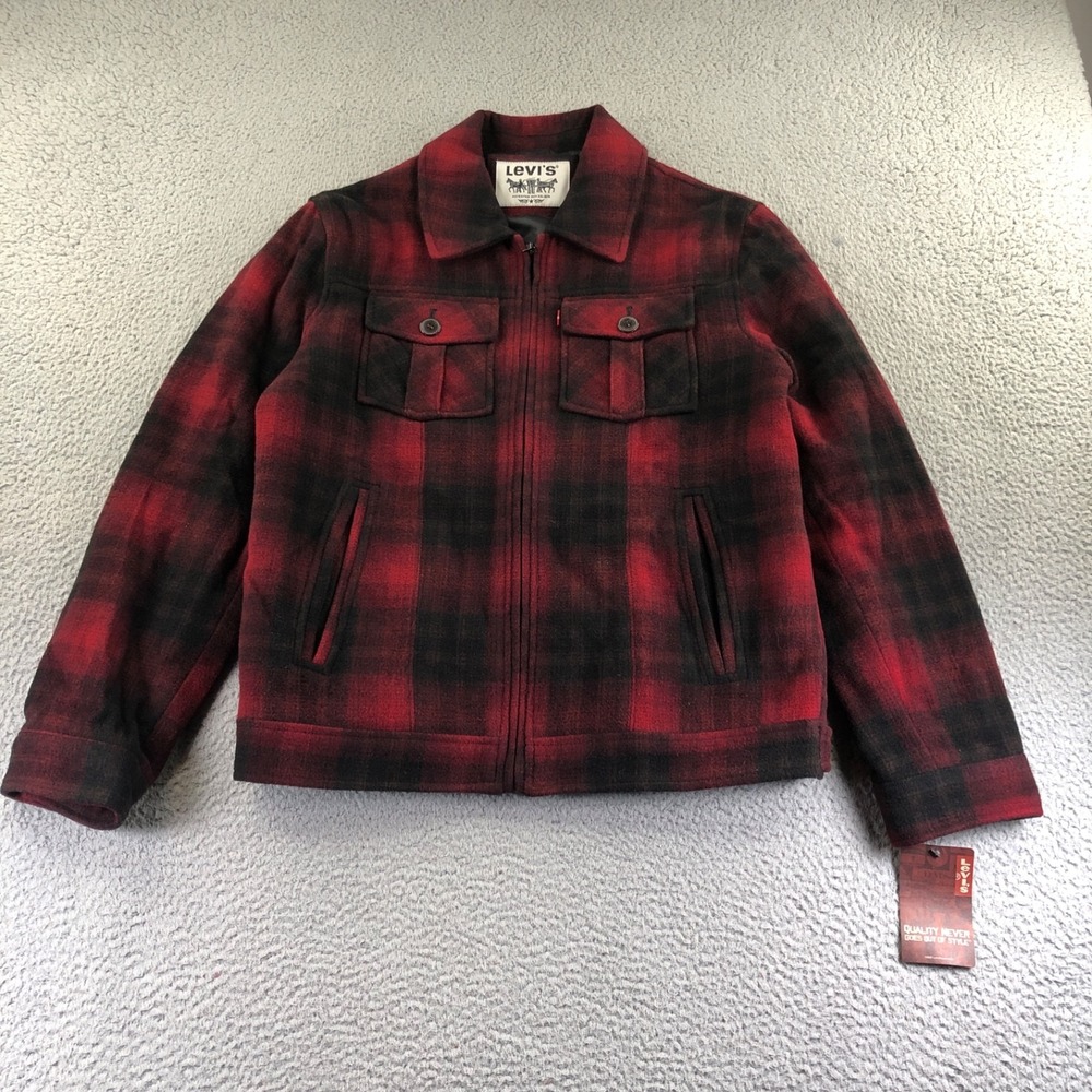 Levis Jacket Mens Small Red Black Wool Blend Shadow Buffalo Plaid Insulated New